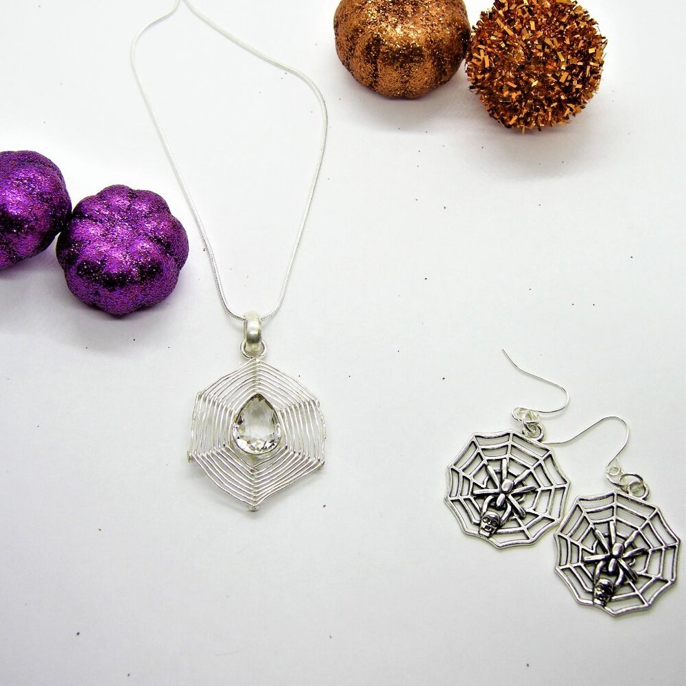 White Topaz Spider Web Style 925 Sterling Silver Pendant 1.77 Inch with earrings